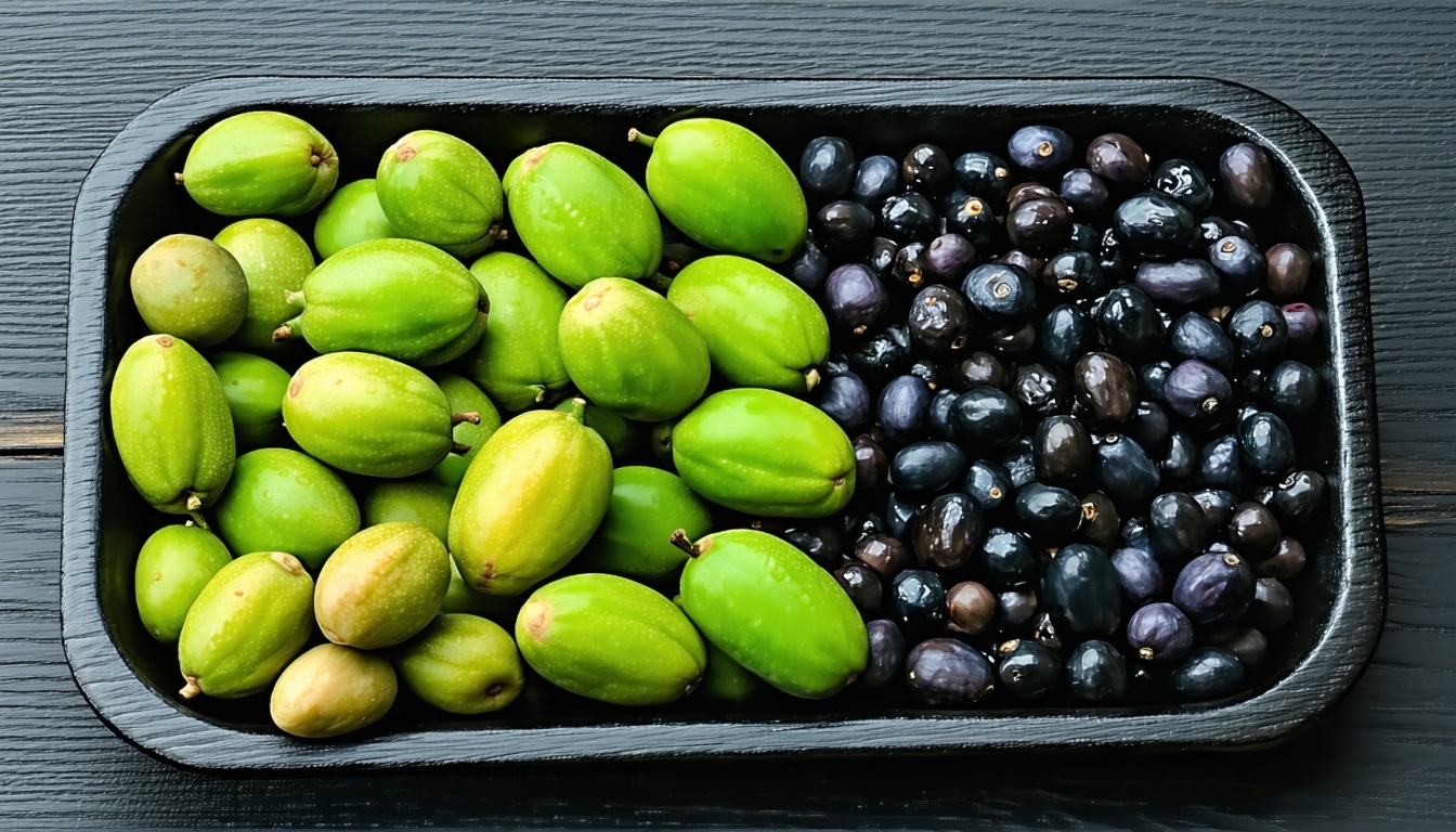 Bandeja de aceitunas verdes y negras frescas